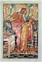 Kong Midas og hans datter forvandlet til gull, illustrasjon fra Den greske mytologiske legenden, utgitt i London i 1910